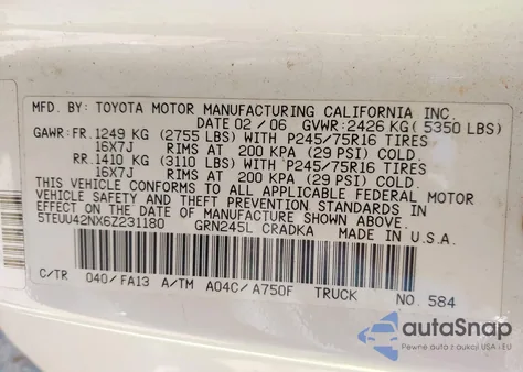 2006 Toyota Tacoma Base V6 from USA, damaged, VIN 5TEUU42NX6Z231180